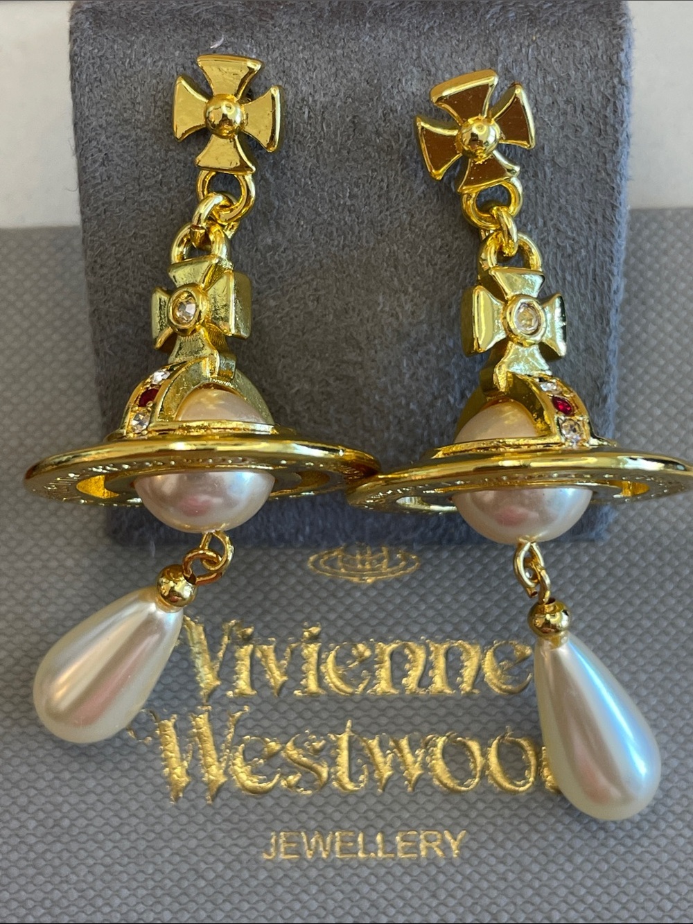 Vivienne Westwood Gold and White Orb Drop Earrings with Pearl Teardrops